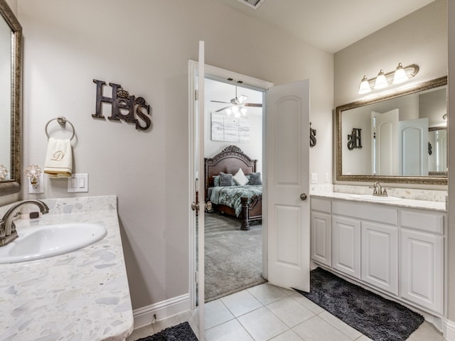 bathroom featuring tile patterned floors, ceiling fan, and vanity