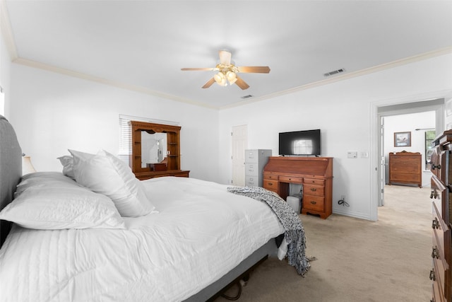 bedroom featuring crown molding, light colored carpet, visible vents, and baseboards