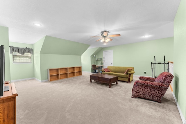 carpeted living area with recessed lighting, a ceiling fan, baseboards, and vaulted ceiling