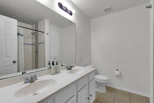 bathroom featuring tile patterned floors, a shower with curtain, vanity, and toilet