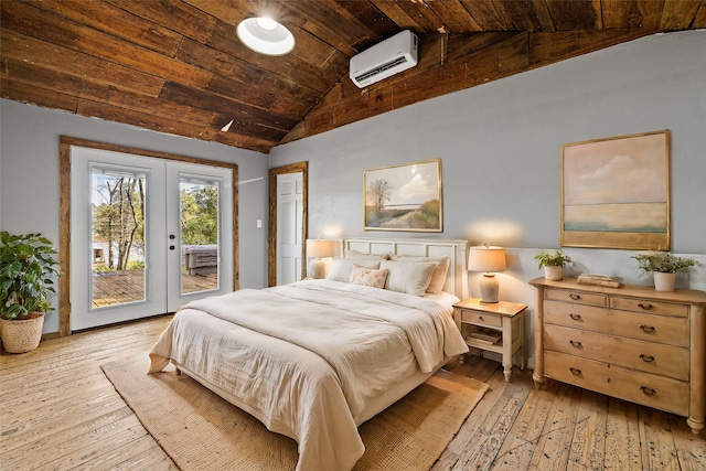 bedroom with access to exterior, french doors, wooden ceiling, light hardwood / wood-style flooring, and a wall unit AC