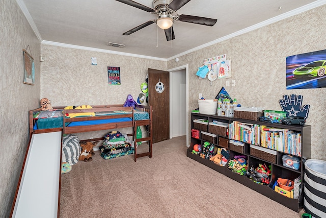 bedroom featuring carpet, ceiling fan, and crown molding