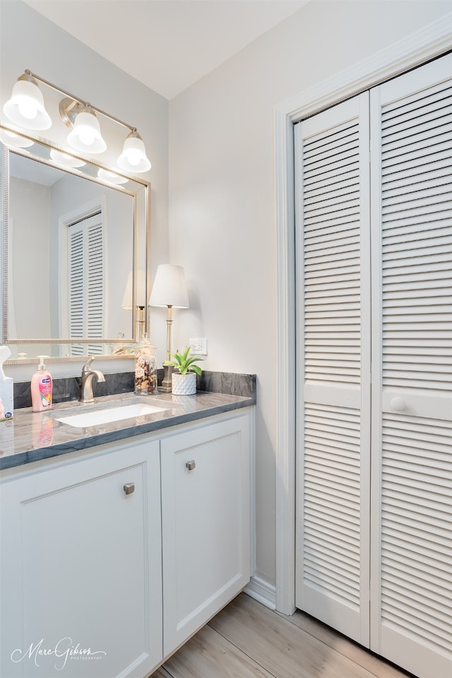 bathroom with wood-type flooring and vanity