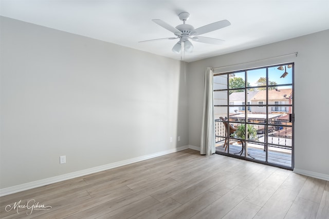 empty room with light hardwood / wood-style floors and ceiling fan