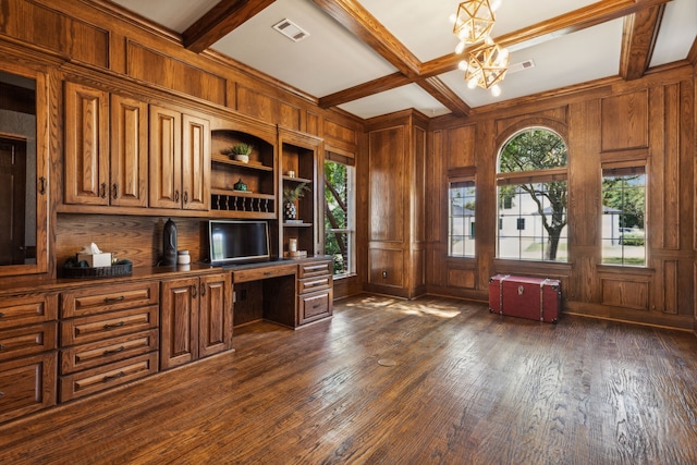 office featuring wood walls, coffered ceiling, an inviting chandelier, dark hardwood / wood-style floors, and beam ceiling