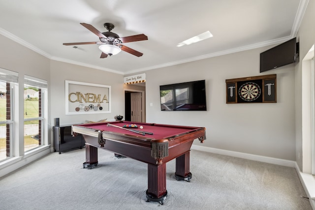 recreation room featuring ceiling fan, crown molding, pool table, and light carpet