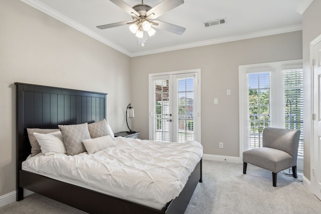 bedroom featuring ceiling fan, access to exterior, ornamental molding, and light carpet