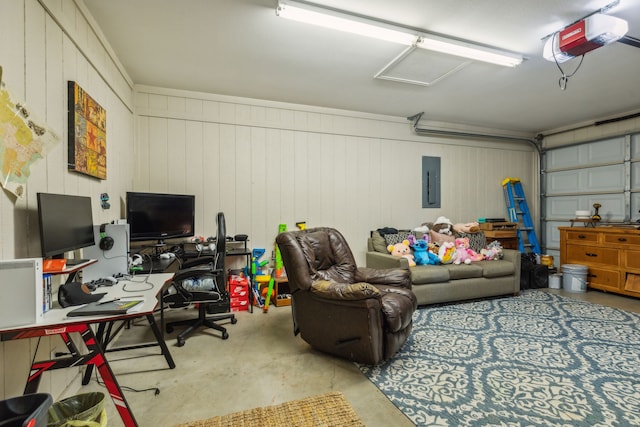 garage featuring electric panel, wooden walls, and a garage door opener