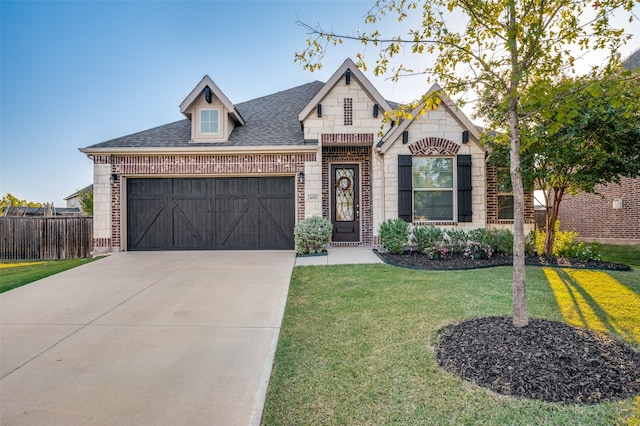 view of front of property featuring a front yard and a garage