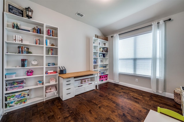 interior space with vaulted ceiling and dark hardwood / wood-style floors