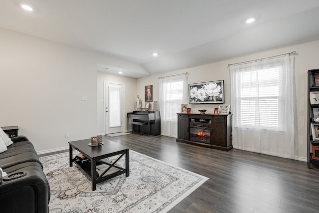 living room with lofted ceiling and dark hardwood / wood-style floors