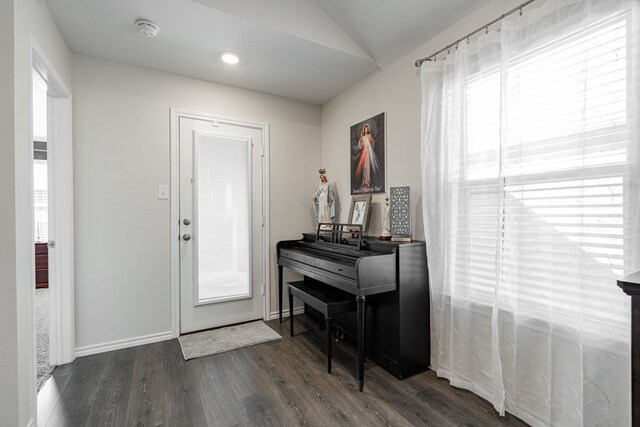 foyer entrance featuring dark hardwood / wood-style floors and vaulted ceiling