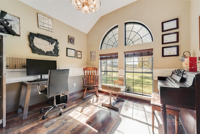 office featuring hardwood / wood-style flooring and a notable chandelier