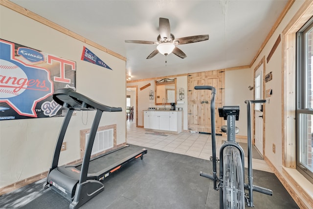 exercise area featuring ceiling fan and crown molding