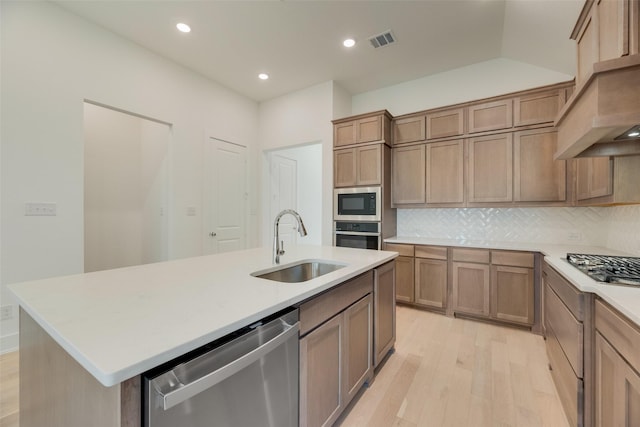 kitchen with appliances with stainless steel finishes, a sink, light wood-style flooring, tasteful backsplash, and visible vents