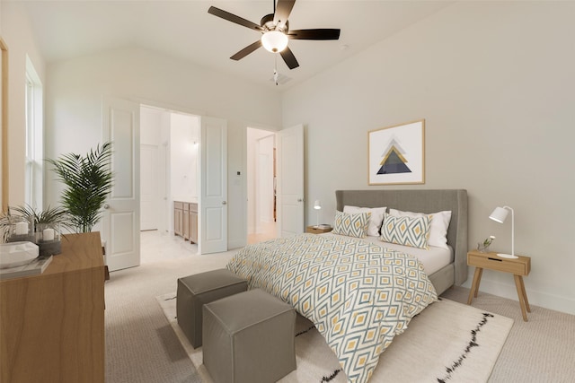 bedroom with baseboards, light colored carpet, ceiling fan, and vaulted ceiling