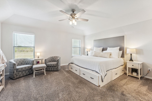 bedroom with ceiling fan and carpet