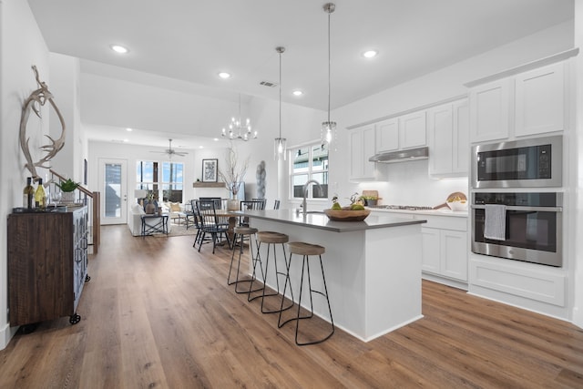 kitchen with white cabinetry, a wealth of natural light, stainless steel oven, and ceiling fan with notable chandelier