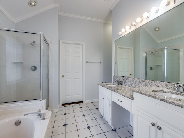 bathroom with lofted ceiling, vanity, crown molding, and shower with separate bathtub