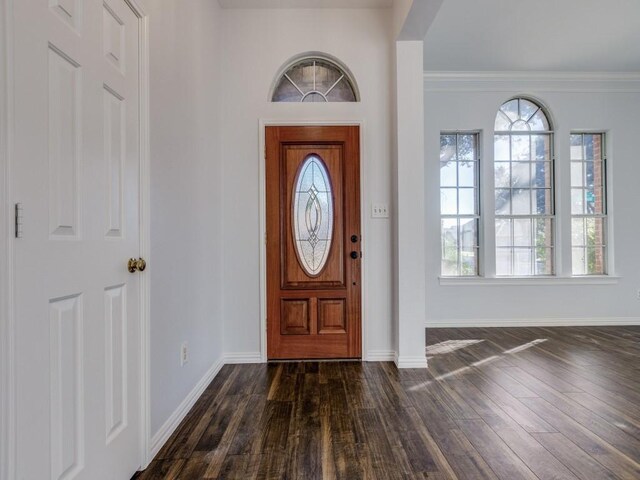 entrance foyer featuring dark hardwood / wood-style floors and crown molding