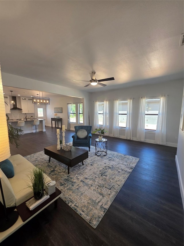 3612 Broken Bow Dr, Granbury, TX 76048 - living room with dark wood-style flooring, a ceiling fan, and baseboards