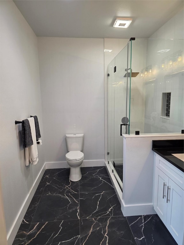 3612 Broken Bow Dr, Granbury, TX 76048 - full bath with marble finish flooring, baseboards, vanity, toilet, and a shower stall