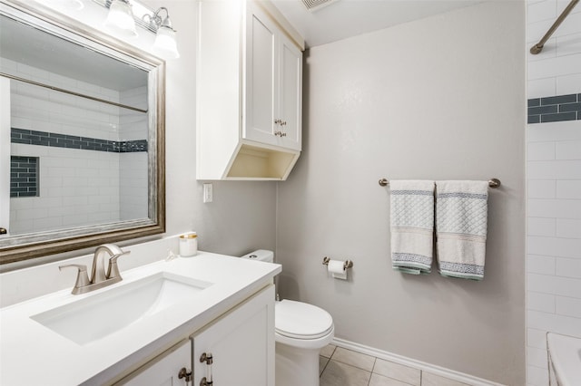 full bathroom with toilet, vanity, tile patterned floors, and tiled shower / bath