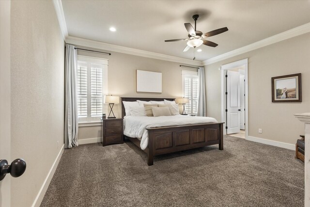 bedroom with ornamental molding, ceiling fan, and dark colored carpet