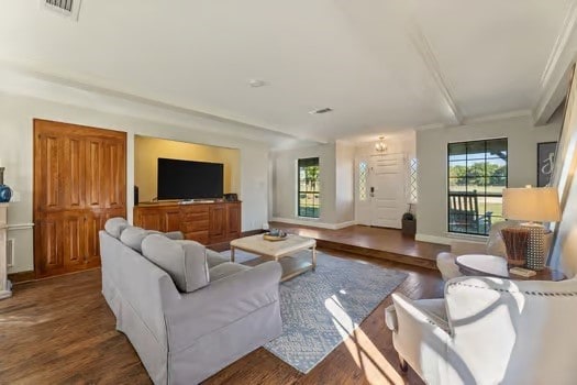 living room with dark hardwood / wood-style flooring, beam ceiling, and plenty of natural light