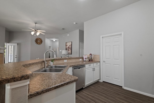 kitchen featuring sink, dark hardwood / wood-style flooring, stainless steel dishwasher, kitchen peninsula, and white cabinets