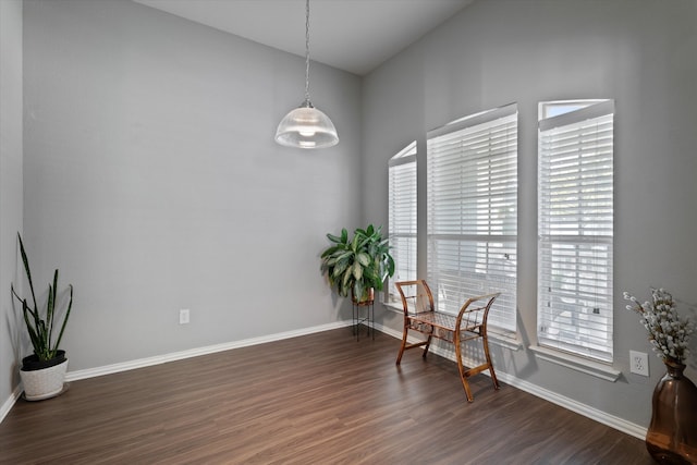 living area featuring dark wood-type flooring and vaulted ceiling