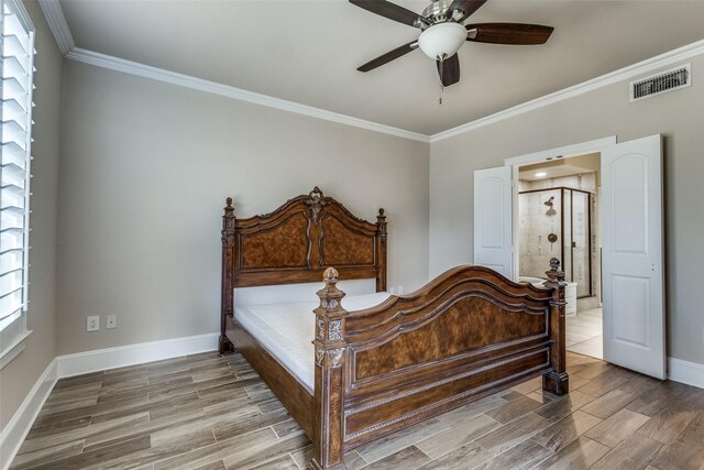 bedroom with connected bathroom, ceiling fan, and ornamental molding