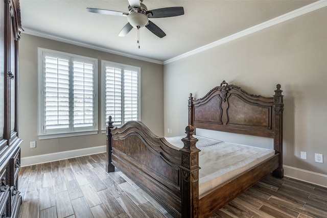 bedroom with dark hardwood / wood-style flooring, ceiling fan, and ornamental molding