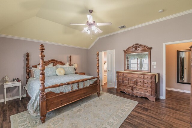 bedroom with ceiling fan, ornamental molding, dark wood-type flooring, and vaulted ceiling