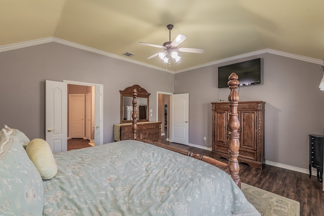 bedroom featuring ceiling fan, crown molding, and vaulted ceiling