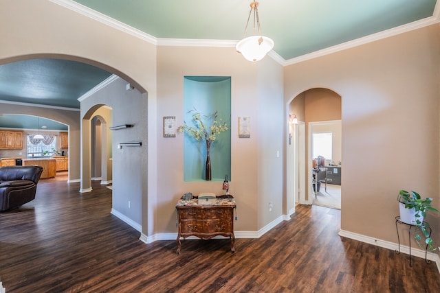 hallway featuring ornamental molding and dark wood-type flooring