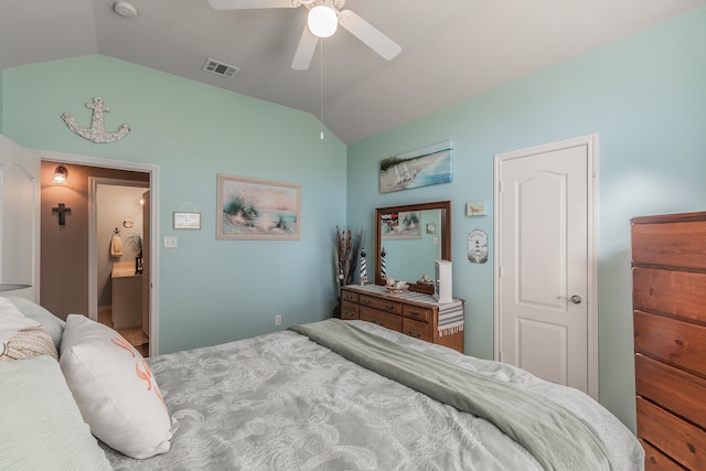 bedroom with ceiling fan and vaulted ceiling