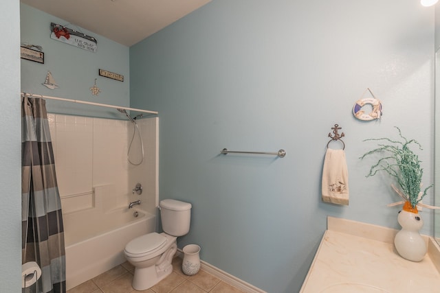 full bathroom featuring tile patterned floors, shower / bath combo, toilet, and vanity