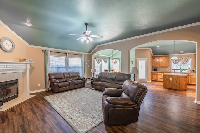 living room with a fireplace, dark hardwood / wood-style flooring, vaulted ceiling, and crown molding