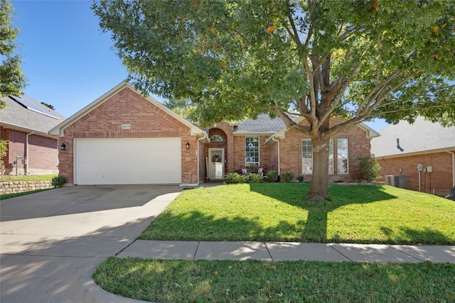 single story home featuring a garage, central air condition unit, and a front yard