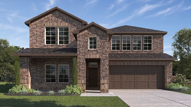 view of front of house with a garage and a front lawn