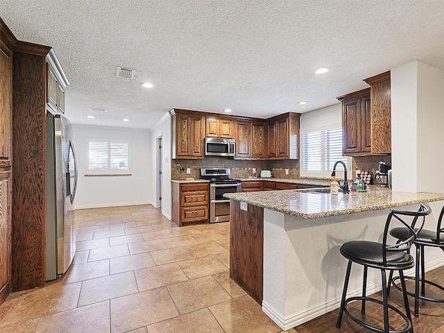 305 Dena, Krugerville, TX 76227 - kitchen featuring stainless steel appliances, a peninsula, healthy amount of natural light, tasteful backsplash, and recessed lighting