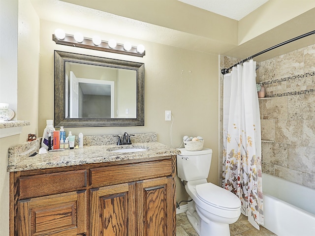 full bathroom featuring vanity, shower / bath combination with curtain, tile patterned flooring, toilet, and a textured ceiling