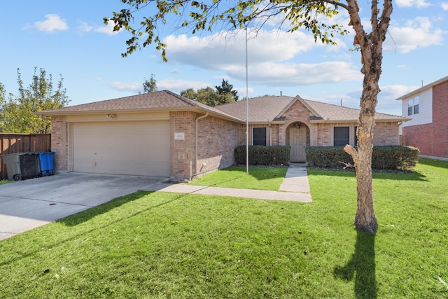 single story home with a front yard and a garage