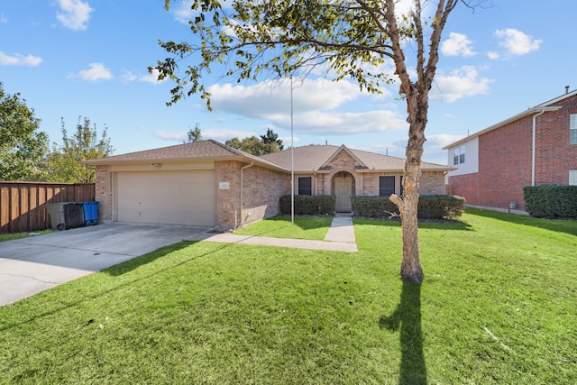 ranch-style house with a garage and a front lawn