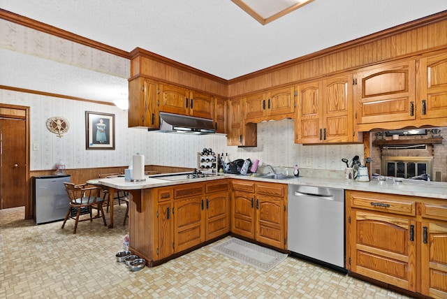 kitchen featuring sink, crown molding, range hood, appliances with stainless steel finishes, and kitchen peninsula