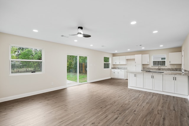 kitchen with white cabinetry, a wealth of natural light, dark hardwood / wood-style flooring, and light stone counters