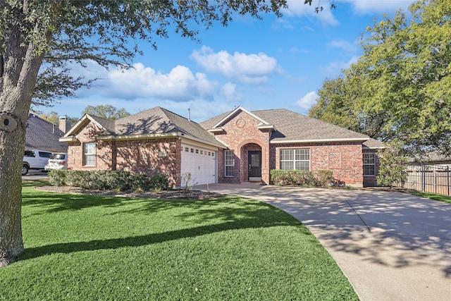 view of front of house with brick siding, concrete driveway, a front yard, fence, and a garage