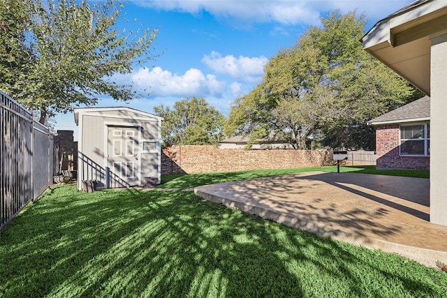 view of yard with a patio and a storage shed