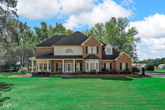 view of front facade with a porch, french doors, and a front yard